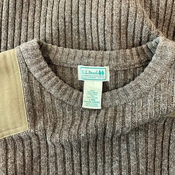 L.L.Bean Commando Sweater Mens Large Brown Wool Merino Rib Shoulder Elbow Patch - Picture 7 of 13